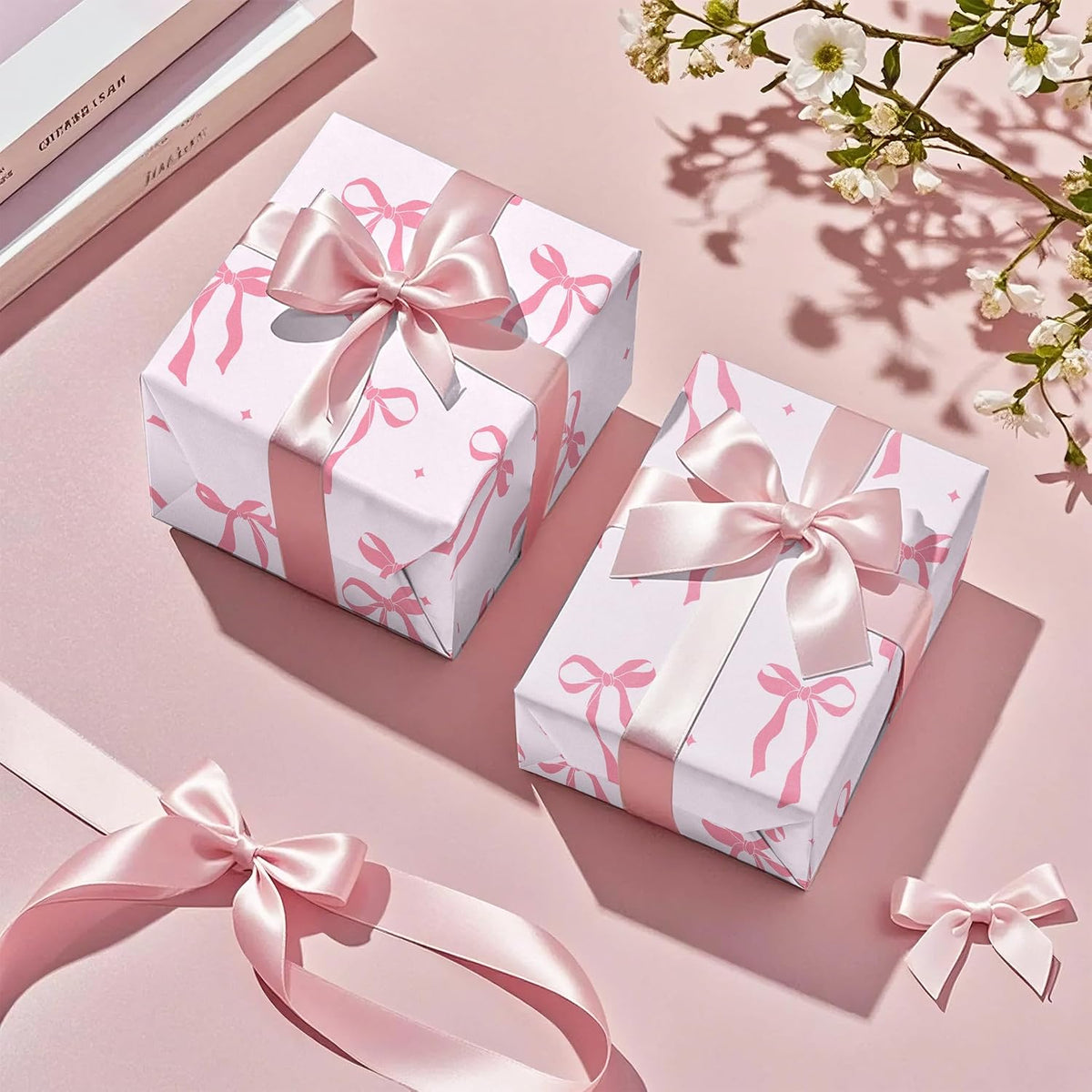 Pink Bow Wrapping Paper Roll - Mini Roll - 17 Inch x 16.5 Feet - Pink Ribbon Bow Design Perfect for Valentine's Day, Girls Birthday, Bachelorette Party, Baby Shower