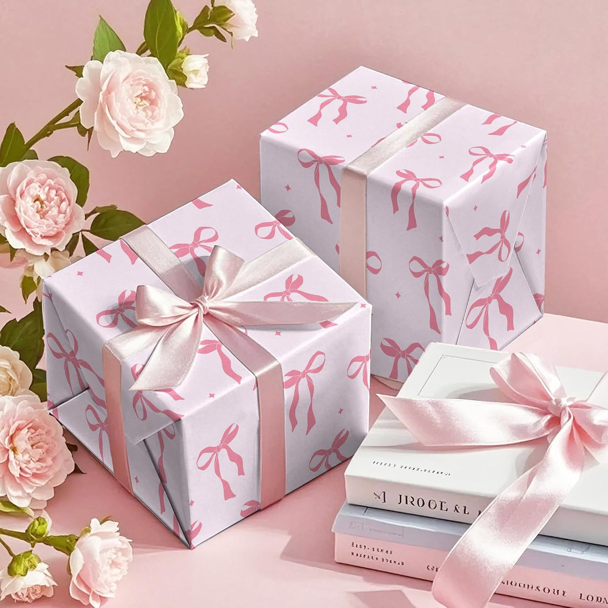 Pink Bow Wrapping Paper Roll - Mini Roll - 17 Inch x 16.5 Feet - Pink Ribbon Bow Design Perfect for Valentine's Day, Girls Birthday, Bachelorette Party, Baby Shower