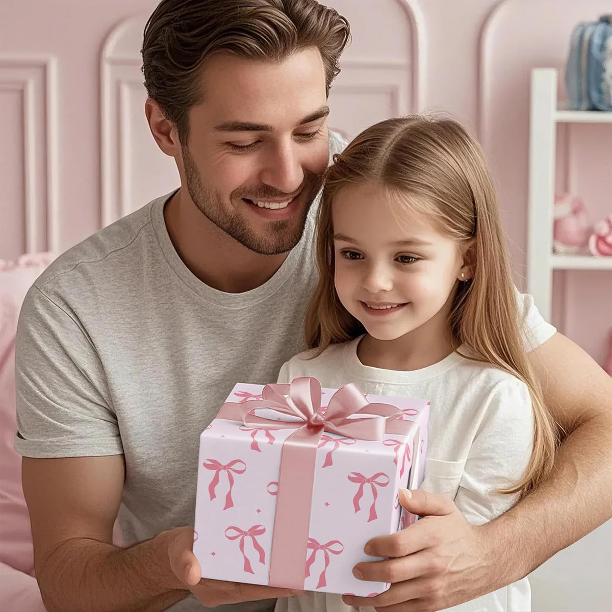 Pink Bow Wrapping Paper Roll - Mini Roll - 17 Inch x 16.5 Feet - Pink Ribbon Bow Design Perfect for Valentine's Day, Girls Birthday, Bachelorette Party, Baby Shower