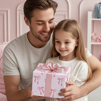 Pink Bow Wrapping Paper Roll - Mini Roll - 17 Inch x 16.5 Feet - Pink Ribbon Bow Design Perfect for Valentine's Day, Girls Birthday, Bachelorette Party, Baby Shower