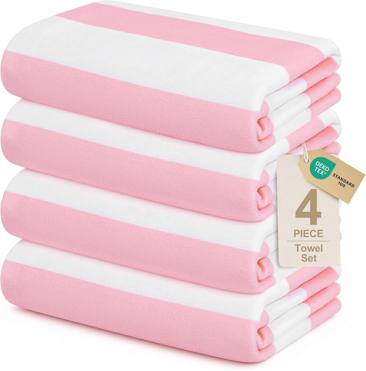 4 Pack Beach Towels Cabana Stripe Polyester Lightweight Quick-Dry Swim Pool Towel, 30'' x 60'' Oversized Compact Travel Bath Towel, Camping | Ultra-Portable, Multi-Functional, Pink