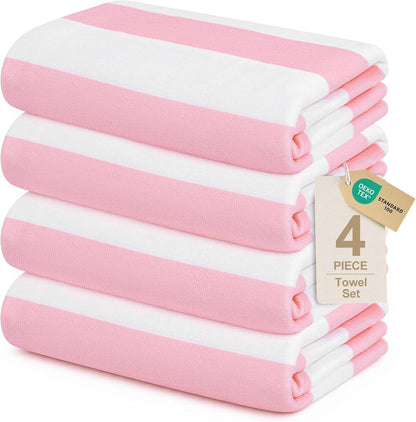 4 Pack Beach Towels Cabana Stripe Polyester Lightweight Quick-Dry Swim Pool Towel, 30'' x 60'' Oversized Compact Travel Bath Towel, Camping | Ultra-Portable, Multi-Functional, Pink