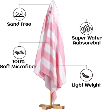 4 Pack Beach Towels Cabana Stripe Polyester Lightweight Quick-Dry Swim Pool Towel, 30'' x 60'' Oversized Compact Travel Bath Towel, Camping | Ultra-Portable, Multi-Functional, Pink