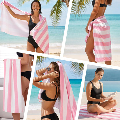 4 Pack Beach Towels Cabana Stripe Polyester Lightweight Quick-Dry Swim Pool Towel, 30'' x 60'' Oversized Compact Travel Bath Towel, Camping | Ultra-Portable, Multi-Functional, Pink