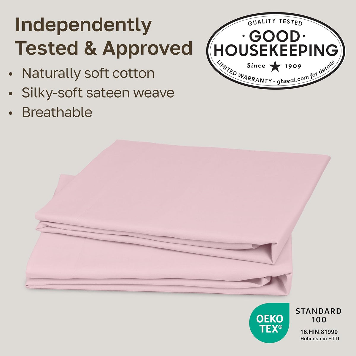 Soft Natural 100% Cotton Sateen Pillowcases Queen, 2-Pack, Pink