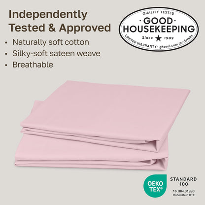 Soft Natural 100% Cotton Sateen Pillowcases Queen, 2-Pack, Pink