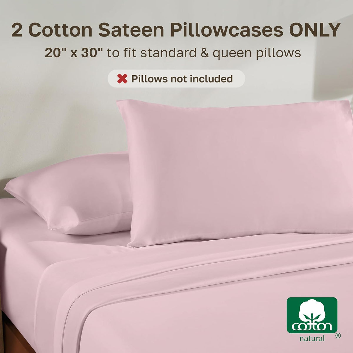 Soft Natural 100% Cotton Sateen Pillowcases Queen, 2-Pack, Pink