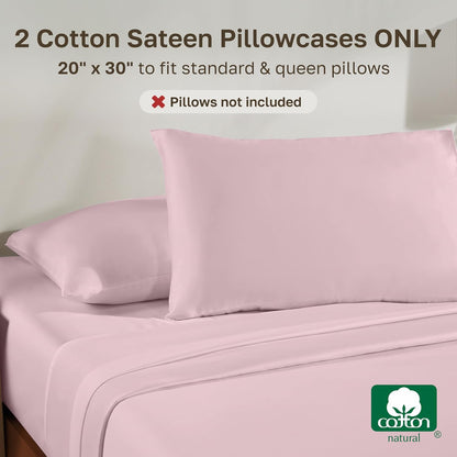 Soft Natural 100% Cotton Sateen Pillowcases Queen, 2-Pack, Pink