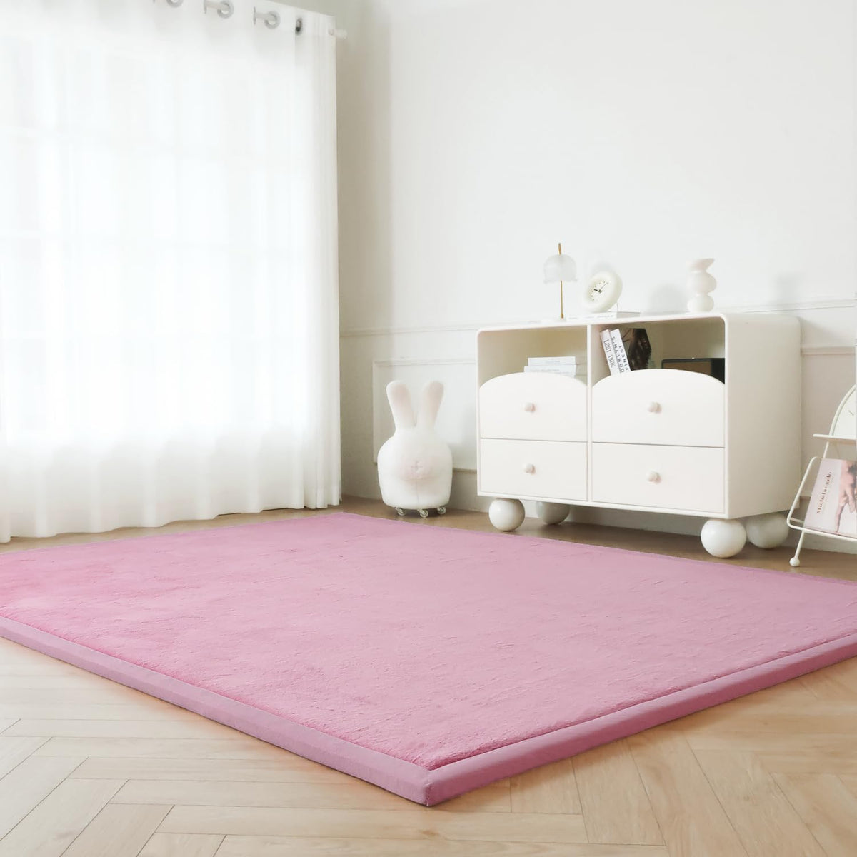 Faux Rabbit Fur Rug - 1.18" Thick Soft Fluffy Area Rug, Non-Slip Memory Foam Crawling Mat, Light Pink, 78"x118"