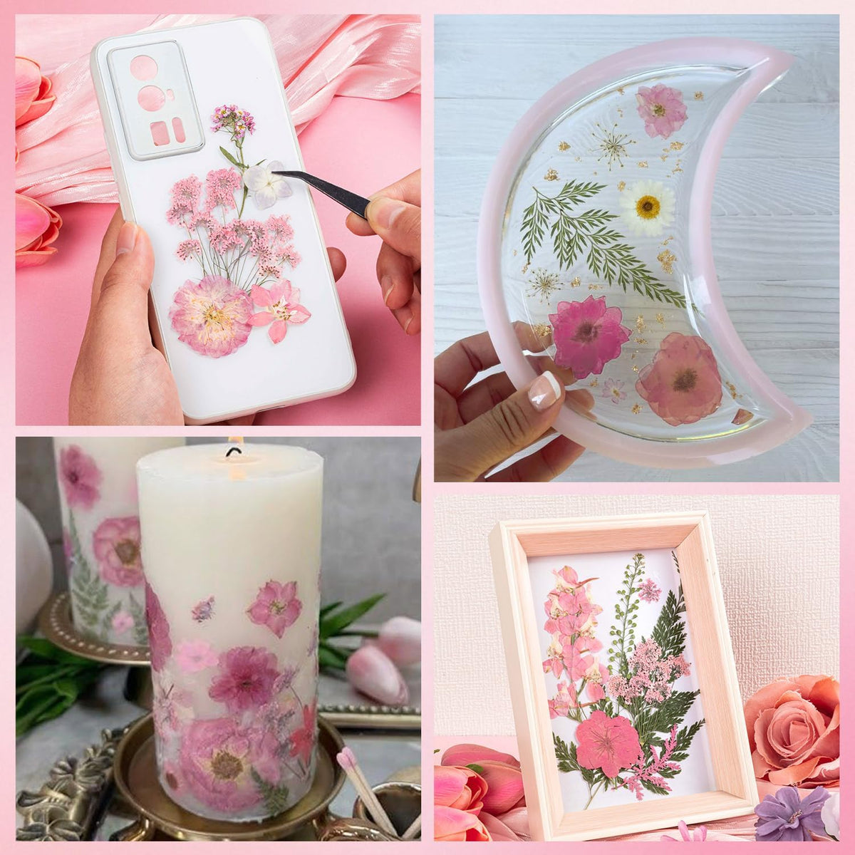 50pcs Pink Pressed Flowers Bulk, Romantic Dried Flower Leaves, Natural Pressed Dried Flowers with Tweezer for DIY Crafts Resin Mold Candles Cake Bridal Scrapbooking Supplies