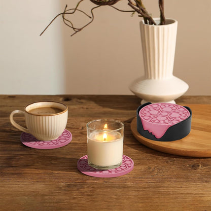4 Inch Non-Slip Silicone Drink Coasters Set of 6 with Holder Pink