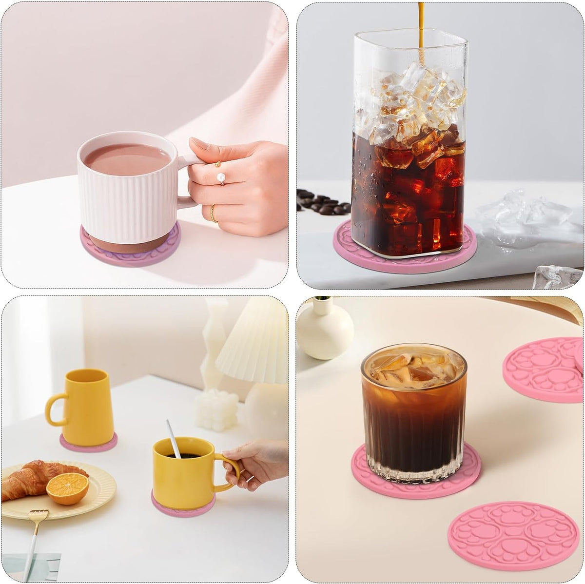 4 Inch Non-Slip Silicone Drink Coasters Set of 6 with Holder Pink