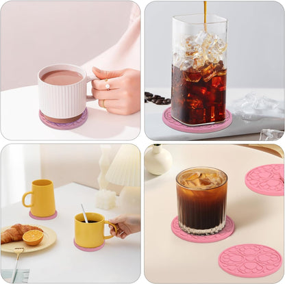 4 Inch Non-Slip Silicone Drink Coasters Set of 6 with Holder Pink