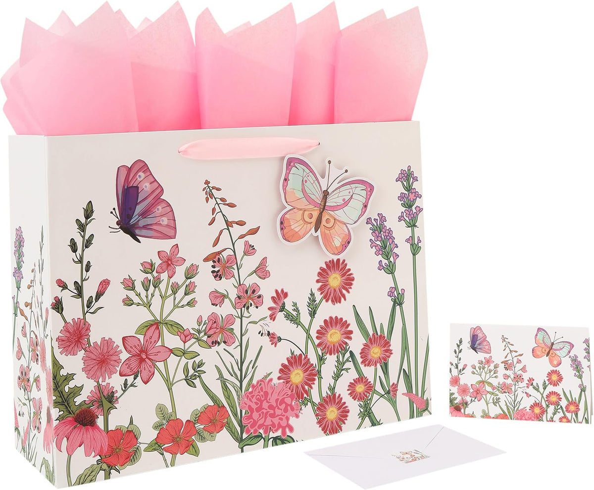 16.5” Extra Large 3D Butterfly Gift Bag Set with Handles, Greeting Card, Pink Tissue Papers and Stickers for Women Girls for Birthday, Mothers' Day, Wedding, Anniversary, Floral Design, 1 Pcs