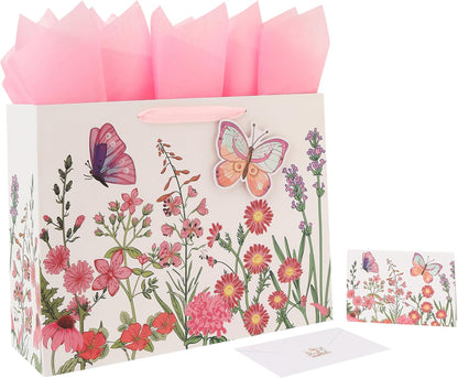 16.5” Extra Large 3D Butterfly Gift Bag Set with Handles, Greeting Card, Pink Tissue Papers and Stickers for Women Girls for Birthday, Mothers' Day, Wedding, Anniversary, Floral Design, 1 Pcs