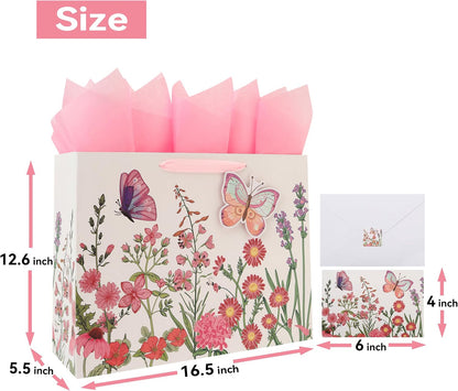 16.5” Extra Large 3D Butterfly Gift Bag Set with Handles, Greeting Card, Pink Tissue Papers and Stickers for Women Girls for Birthday, Mothers' Day, Wedding, Anniversary, Floral Design, 1 Pcs
