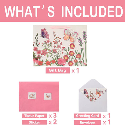 16.5” Extra Large 3D Butterfly Gift Bag Set with Handles, Greeting Card, Pink Tissue Papers and Stickers for Women Girls for Birthday, Mothers' Day, Wedding, Anniversary, Floral Design, 1 Pcs