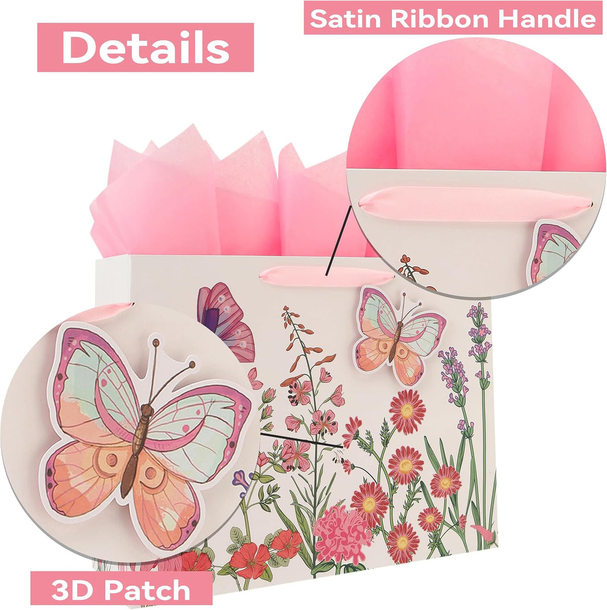 16.5” Extra Large 3D Butterfly Gift Bag Set with Handles, Greeting Card, Pink Tissue Papers and Stickers for Women Girls for Birthday, Mothers' Day, Wedding, Anniversary, Floral Design, 1 Pcs