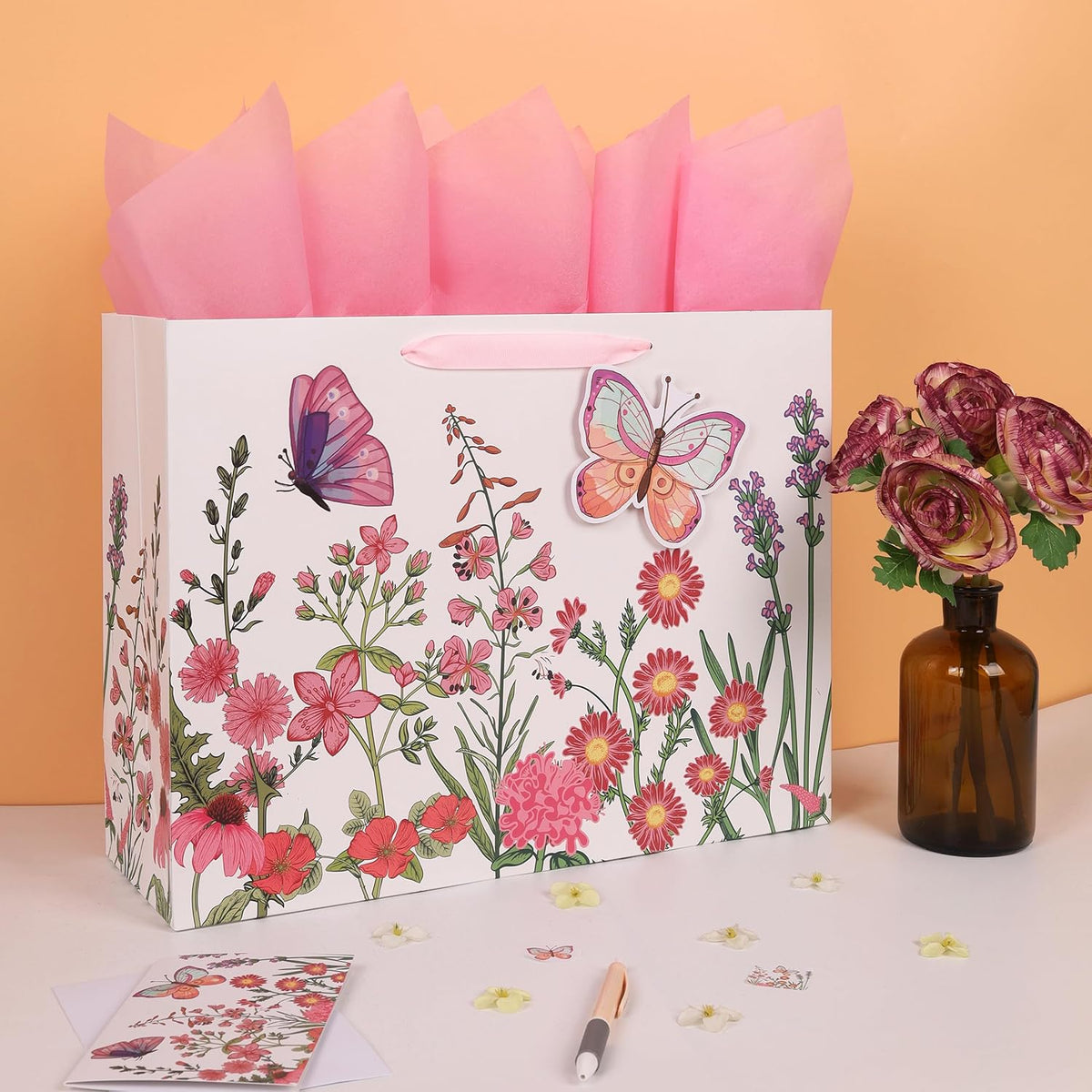 16.5” Extra Large 3D Butterfly Gift Bag Set with Handles, Greeting Card, Pink Tissue Papers and Stickers for Women Girls for Birthday, Mothers' Day, Wedding, Anniversary, Floral Design, 1 Pcs