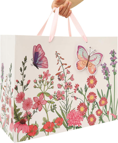 16.5” Extra Large 3D Butterfly Gift Bag Set with Handles, Greeting Card, Pink Tissue Papers and Stickers for Women Girls for Birthday, Mothers' Day, Wedding, Anniversary, Floral Design, 1 Pcs