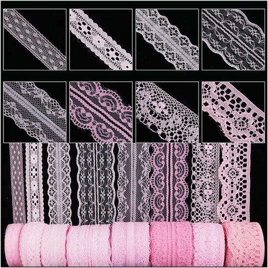 80 Yards Baby Pink Lace Trim Ribbon,8 Rolls Crochet Sewing Assorted Patterns Vintage Floral Lace Ribbons for Sewing DIY,Gift Wrap,Scrapbooking, Bridal Shower Wedding Decor, 10 Yards Each Roll