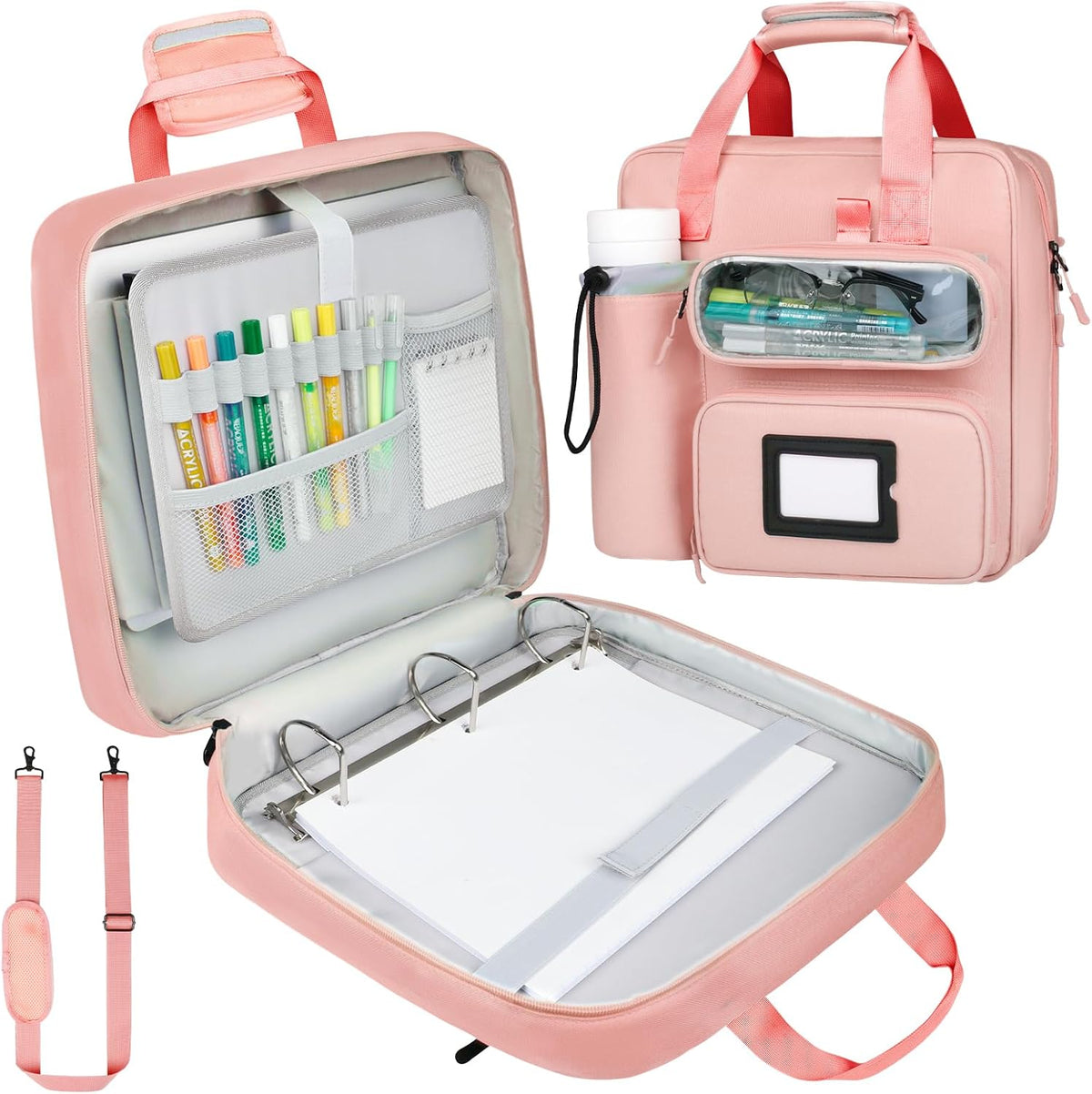 SIYNPAV 3 Inch Zipper 3 D-Ring Binder Bag, 700 Sheet Portfolio Organizer with Shoulder Strap, 13 Inch Laptop Sleeve, Pen& Bottle Pocket for Middle School, Peach
