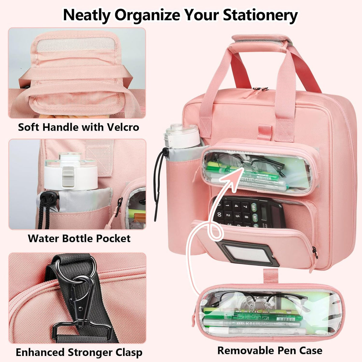 SIYNPAV 3 Inch Zipper 3 D-Ring Binder Bag, 700 Sheet Portfolio Organizer with Shoulder Strap, 13 Inch Laptop Sleeve, Pen& Bottle Pocket for Middle School, Peach
