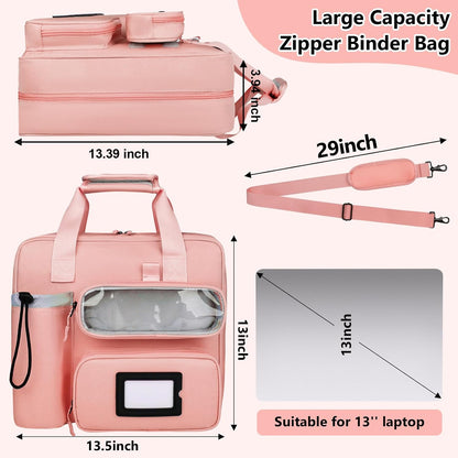 SIYNPAV 3 Inch Zipper 3 D-Ring Binder Bag, 700 Sheet Portfolio Organizer with Shoulder Strap, 13 Inch Laptop Sleeve, Pen& Bottle Pocket for Middle School, Peach