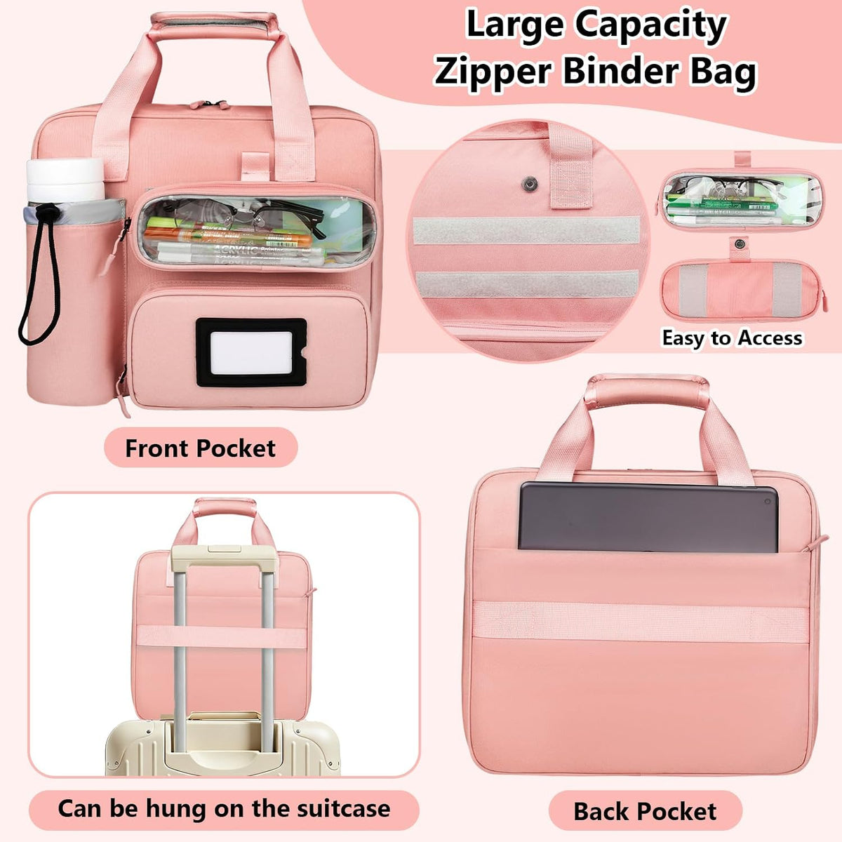 SIYNPAV 3 Inch Zipper 3 D-Ring Binder Bag, 700 Sheet Portfolio Organizer with Shoulder Strap, 13 Inch Laptop Sleeve, Pen& Bottle Pocket for Middle School, Peach