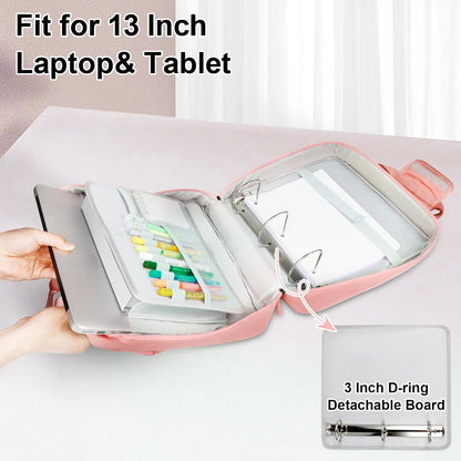 SIYNPAV 3 Inch Zipper 3 D-Ring Binder Bag, 700 Sheet Portfolio Organizer with Shoulder Strap, 13 Inch Laptop Sleeve, Pen& Bottle Pocket for Middle School, Peach