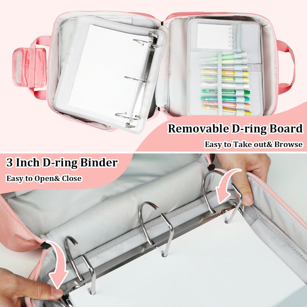 SIYNPAV 3 Inch Zipper 3 D-Ring Binder Bag, 700 Sheet Portfolio Organizer with Shoulder Strap, 13 Inch Laptop Sleeve, Pen& Bottle Pocket for Middle School, Peach