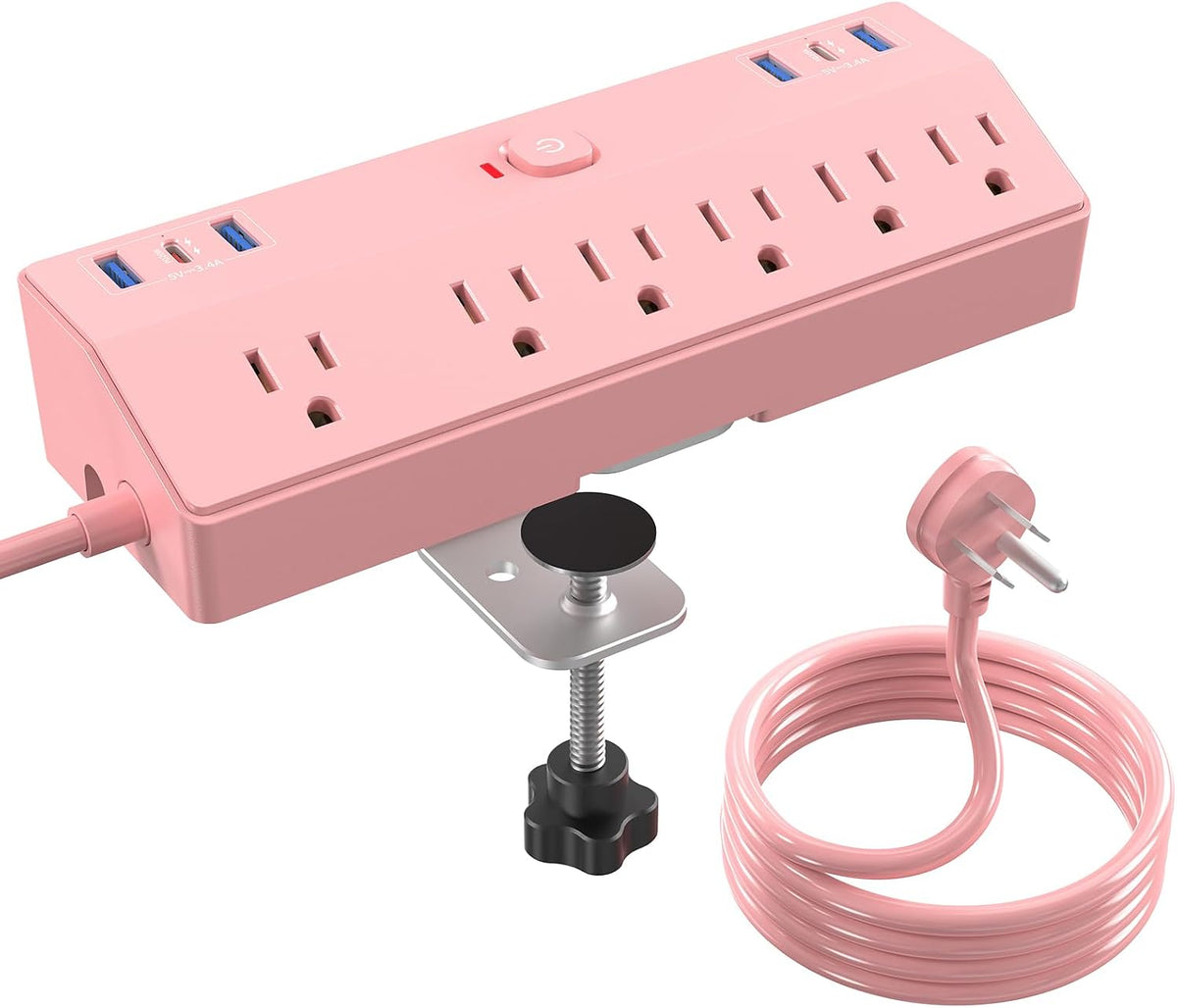 Pink Desk Clamp Power Strip 6FT with 40W USB C Ports, JXGUCAT Flat Plug Desk Mount Power Strip Surge Protector, Removable Extension Cord with 2 USB-C Ports 6 Outlets, Fits 1.8" Tabletop Edge