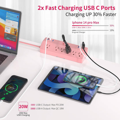 Pink Desk Clamp Power Strip 6FT with 40W USB C Ports, JXGUCAT Flat Plug Desk Mount Power Strip Surge Protector, Removable Extension Cord with 2 USB-C Ports 6 Outlets, Fits 1.8" Tabletop Edge