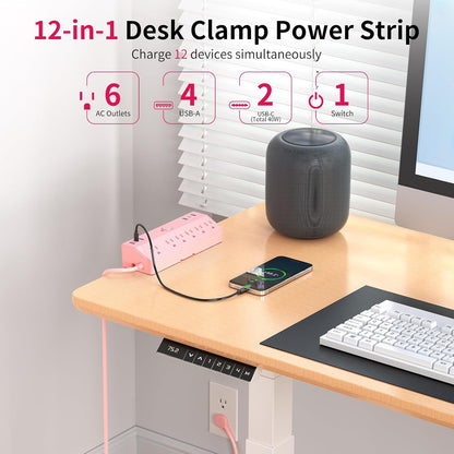 Pink Desk Clamp Power Strip 6FT with 40W USB C Ports, JXGUCAT Flat Plug Desk Mount Power Strip Surge Protector, Removable Extension Cord with 2 USB-C Ports 6 Outlets, Fits 1.8" Tabletop Edge