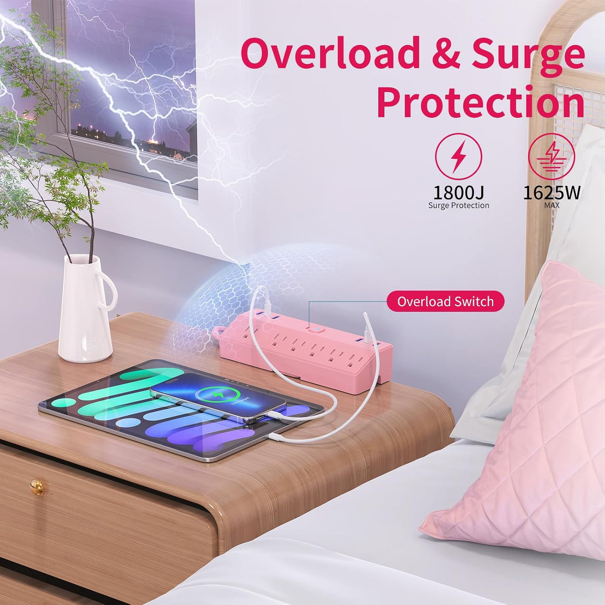 Pink Desk Clamp Power Strip 6FT with 40W USB C Ports, JXGUCAT Flat Plug Desk Mount Power Strip Surge Protector, Removable Extension Cord with 2 USB-C Ports 6 Outlets, Fits 1.8" Tabletop Edge