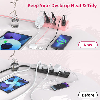 Pink Desk Clamp Power Strip 6FT with 40W USB C Ports, JXGUCAT Flat Plug Desk Mount Power Strip Surge Protector, Removable Extension Cord with 2 USB-C Ports 6 Outlets, Fits 1.8" Tabletop Edge