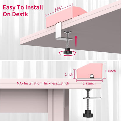 Pink Desk Clamp Power Strip 6FT with 40W USB C Ports, JXGUCAT Flat Plug Desk Mount Power Strip Surge Protector, Removable Extension Cord with 2 USB-C Ports 6 Outlets, Fits 1.8" Tabletop Edge