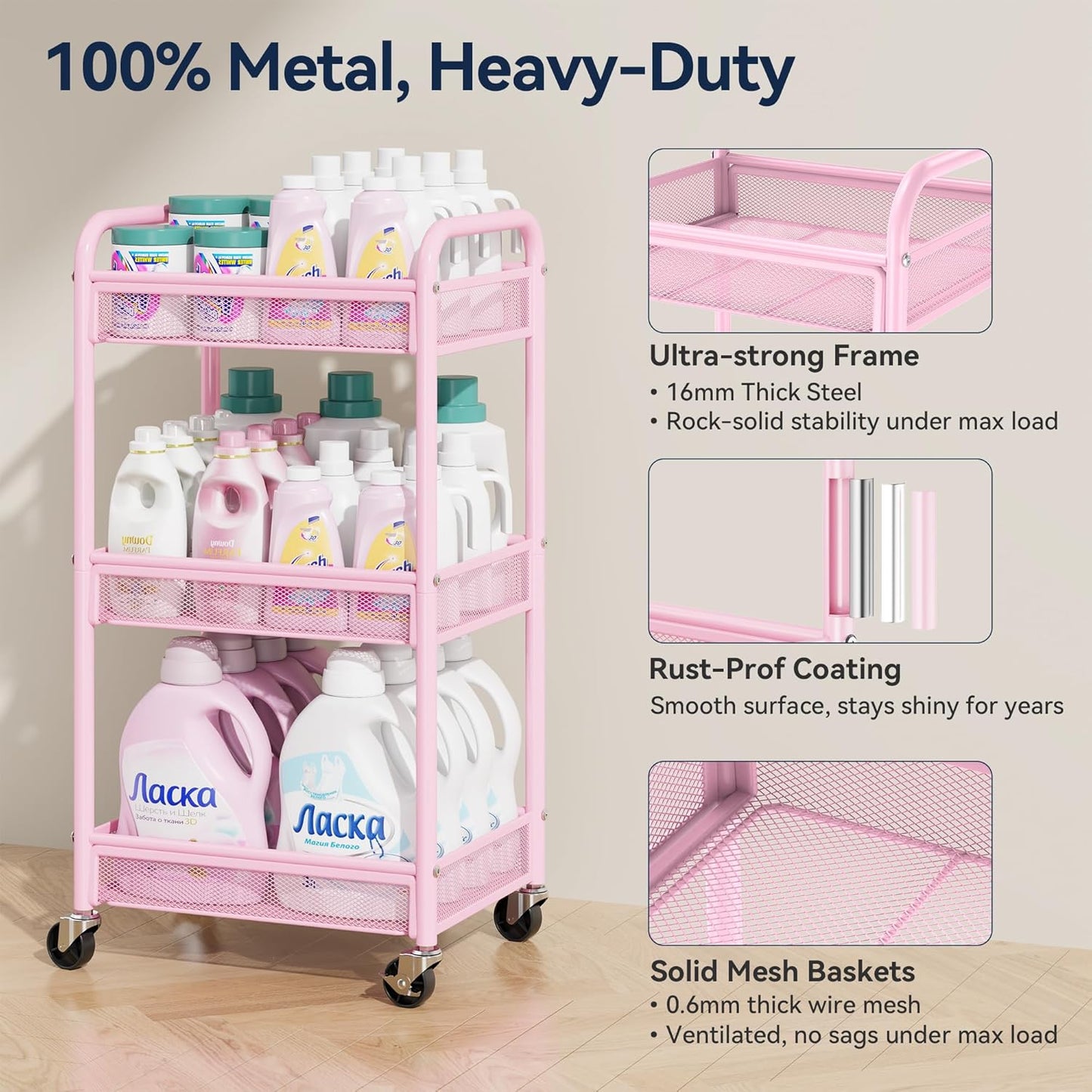 3 Tier Rolling Cart – Metal Utility Storage Cart with Wheels, Craft Cart Organizer with Hanging Cups, Hooks, Mesh Basket for Bedside Kitchen Office Art, Pink