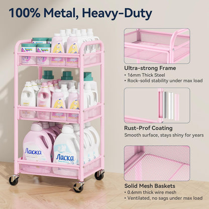 3 Tier Rolling Cart – Metal Utility Storage Cart with Wheels, Craft Cart Organizer with Hanging Cups, Hooks, Mesh Basket for Bedside Kitchen Office Art, Pink