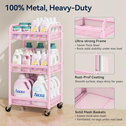 3 Tier Rolling Cart – Metal Utility Storage Cart with Wheels, Craft Cart Organizer with Hanging Cups, Hooks, Mesh Basket for Bedside Kitchen Office Art, Pink