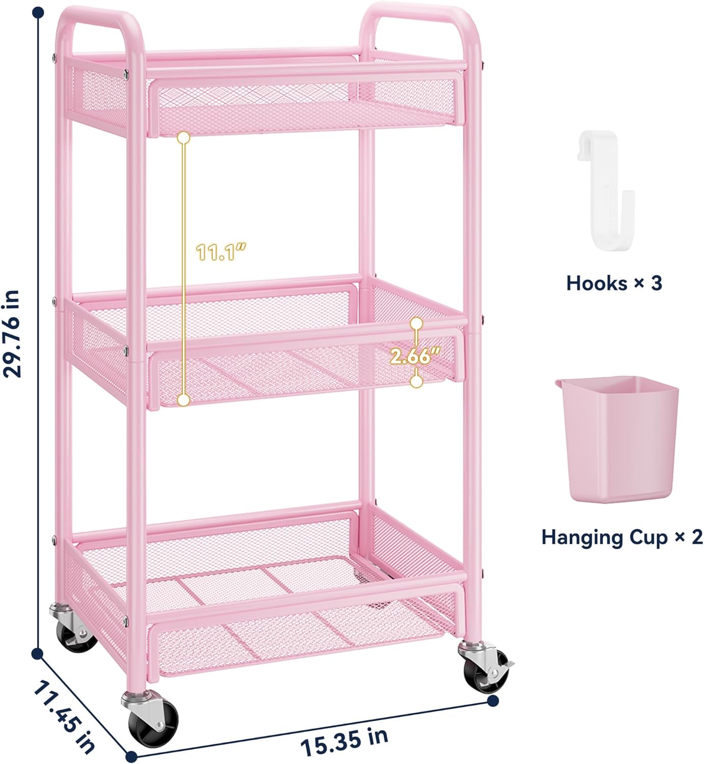 3 Tier Rolling Cart – Metal Utility Storage Cart with Wheels, Craft Cart Organizer with Hanging Cups, Hooks, Mesh Basket for Bedside Kitchen Office Art, Pink