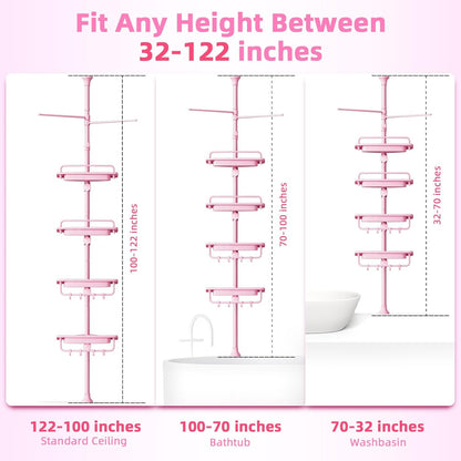 XLHOMO 32-122inch Corner Shower Caddy Tension Pole Pink, Rustproof Drill-Free Shower Shelves for Bathroom Bathtub Washbasin, Adjustable Shower Organizer with 4 Tier Patent Stable Shelves & Towel Bars