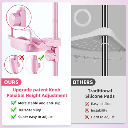 XLHOMO 32-122inch Corner Shower Caddy Tension Pole Pink, Rustproof Drill-Free Shower Shelves for Bathroom Bathtub Washbasin, Adjustable Shower Organizer with 4 Tier Patent Stable Shelves & Towel Bars