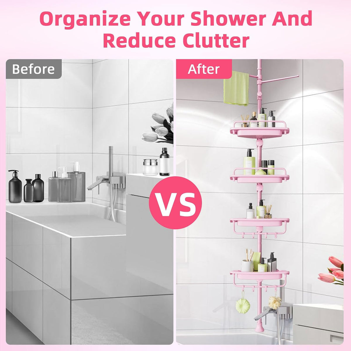 XLHOMO 32-122inch Corner Shower Caddy Tension Pole Pink, Rustproof Drill-Free Shower Shelves for Bathroom Bathtub Washbasin, Adjustable Shower Organizer with 4 Tier Patent Stable Shelves & Towel Bars