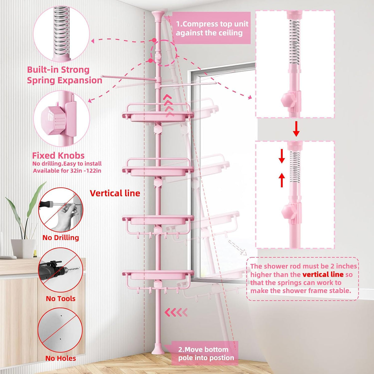 XLHOMO 32-122inch Corner Shower Caddy Tension Pole Pink, Rustproof Drill-Free Shower Shelves for Bathroom Bathtub Washbasin, Adjustable Shower Organizer with 4 Tier Patent Stable Shelves & Towel Bars
