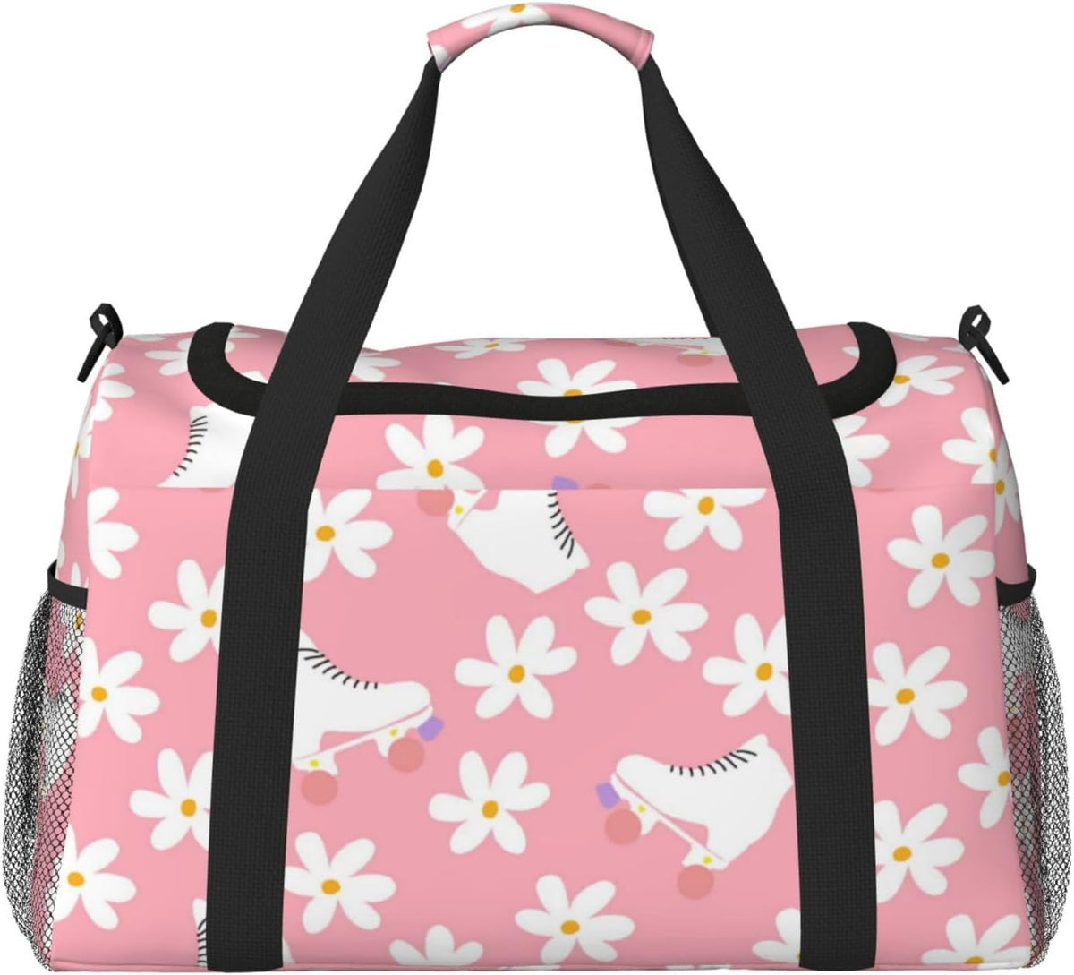 Pink Roller Skates Floral Girl Skater Travel Duffle Bag, Lightweight Hospital Bag for Women, Large Sport Gym Bag for Men
