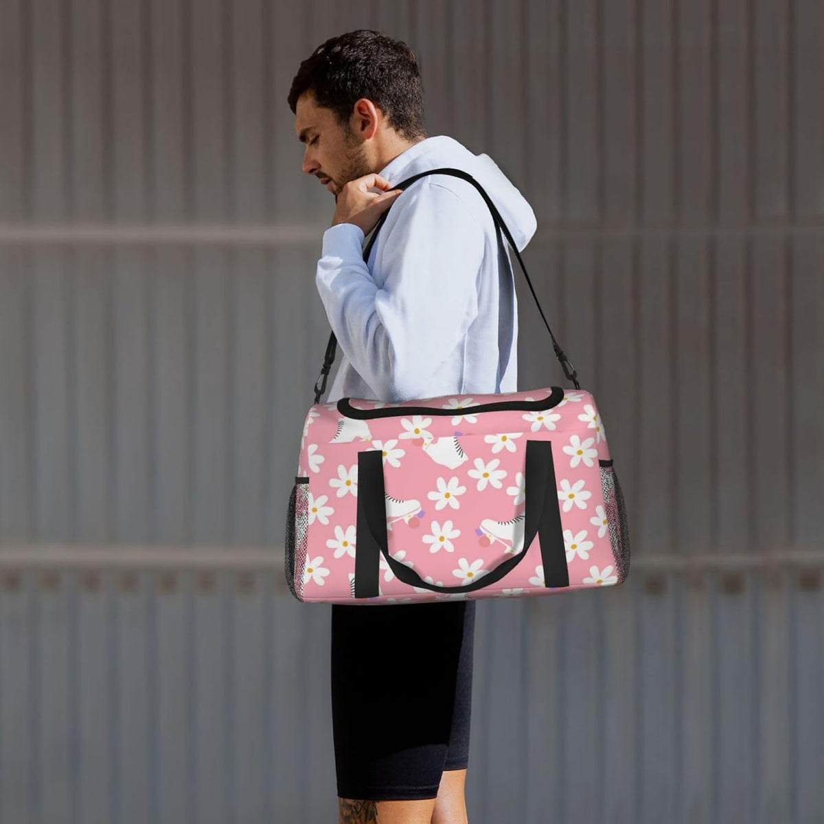 Pink Roller Skates Floral Girl Skater Travel Duffle Bag, Lightweight Hospital Bag for Women, Large Sport Gym Bag for Men