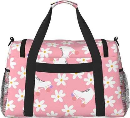Pink Roller Skates Floral Girl Skater Travel Duffle Bag, Lightweight Hospital Bag for Women, Large Sport Gym Bag for Men
