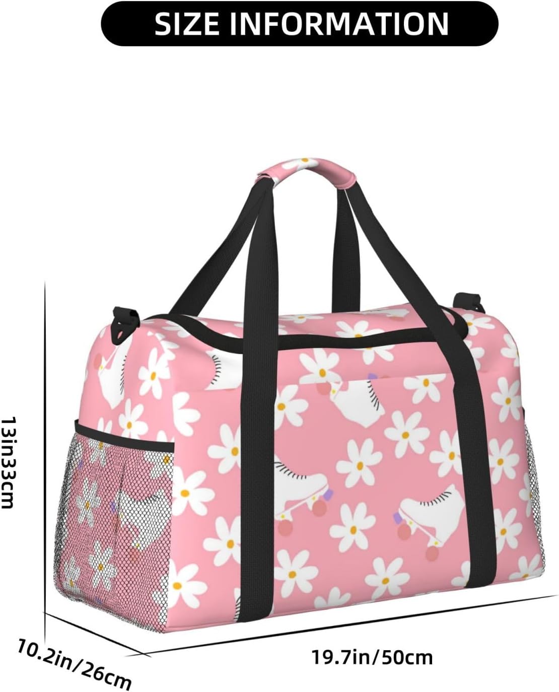 Pink Roller Skates Floral Girl Skater Travel Duffle Bag, Lightweight Hospital Bag for Women, Large Sport Gym Bag for Men