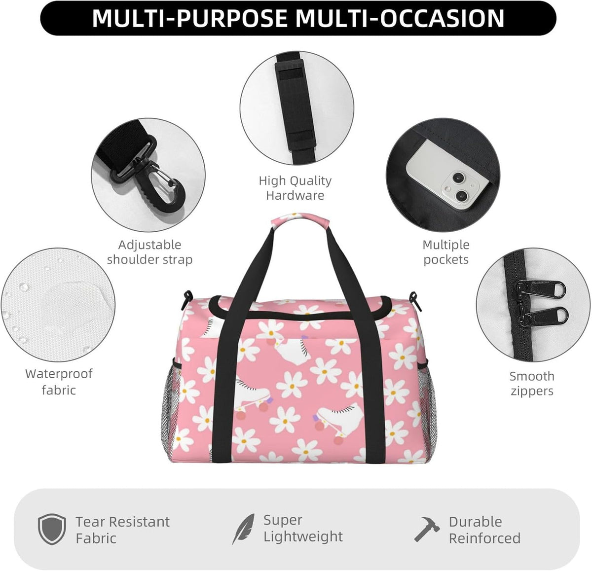 Pink Roller Skates Floral Girl Skater Travel Duffle Bag, Lightweight Hospital Bag for Women, Large Sport Gym Bag for Men